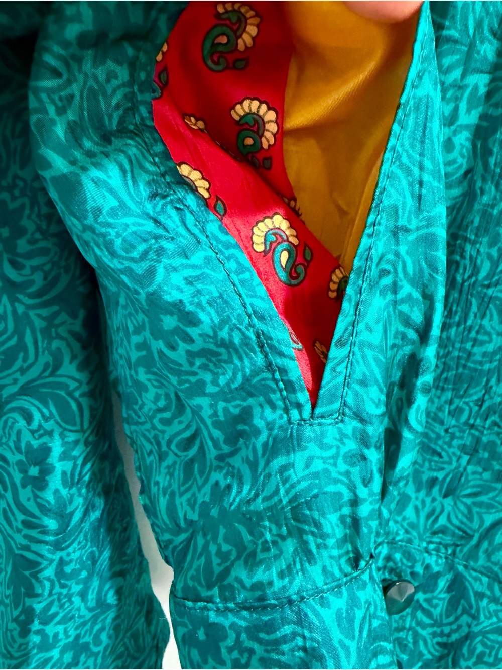 Vintage 80s Platinum by Dorothy Schoelen 100% Silk Teal Jacquard Crop Jacket S - Picture 6 of 14
